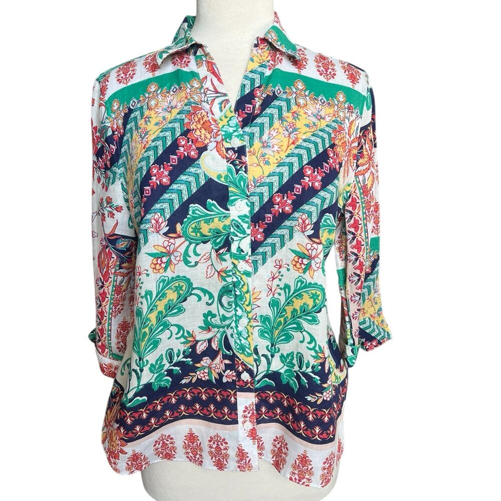 Chico's Linen Mixed Print Shirt No Iron Floral Paisley 3/4 Sleeves Boho Casual 1 - Picture 2 of 11